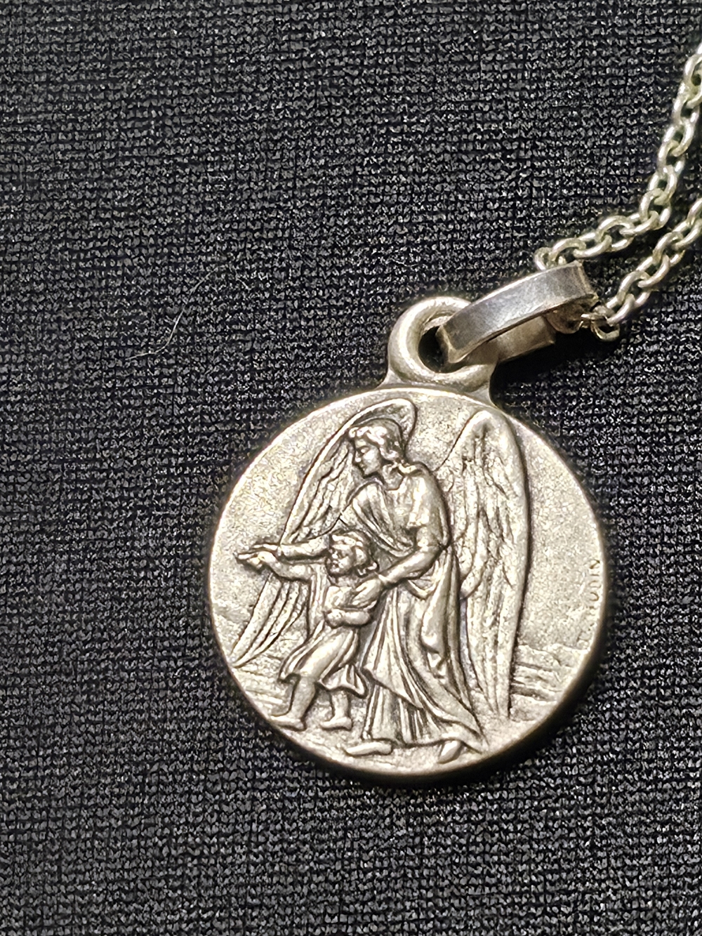 Vintage Guardian Angel Medal Pendant Necklace Silver Tone 8" Chain Saint Michael